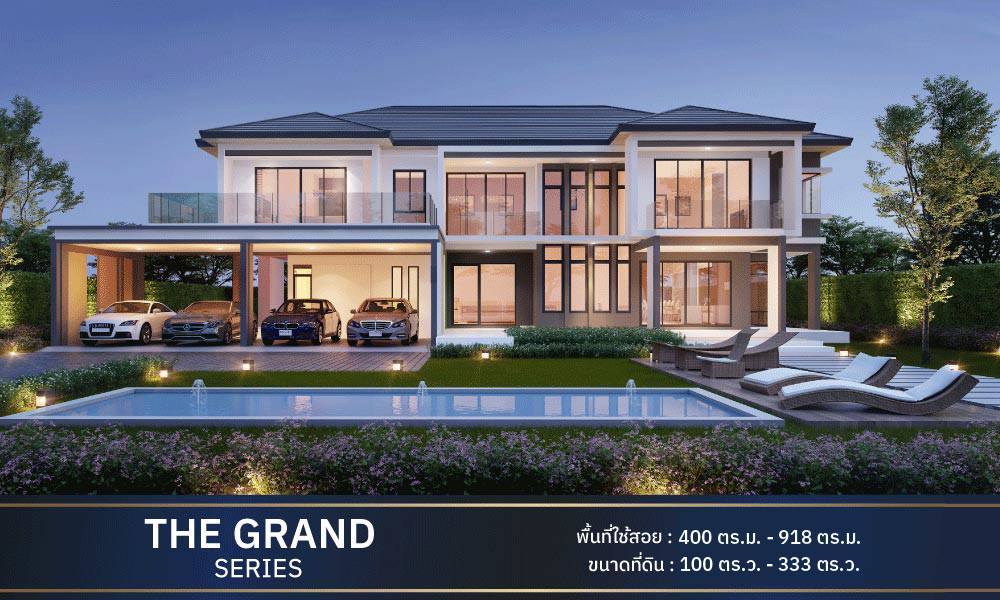 A luxury large-sized 2 story house with a pool and modern sun loungers  in front and features 4-car parking lot near an entrance. 
The text at the bottom is "The Grand Series" and "Usable Area: 400 - 918 Sq m." and "Landsize: 100 - 333 square wah"