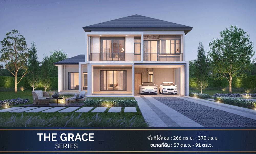 A modern medium-sized 2 floors house with a tiny picnic space in front and features 2-car parking lot near an entrance. 
The text at the bottom is "The Grace Series" and "Usable Area: 266 - 370 Sq m." and "Landsize: 57 - 91 square wah"